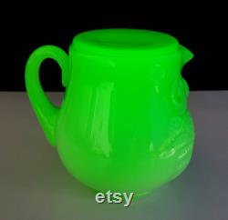 1928 New Martinsville Glass Co Uranium Green Jadeite Glass Owl Tumble Up Carafe, Pitcher with Cup, 5 H