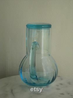 1940s Aqua Blue Glass Tumble Up Carafe and Glass Set Stunning