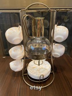 1960 s Hazel Atlas and Corning Ware Milk Glass Orange Spaghetti Glaze Coffee Warming Set Carafe, Cups and Saucers with Brass Stand