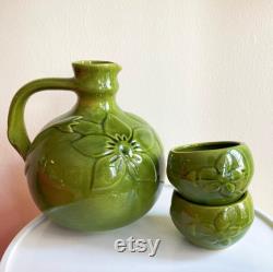 1970s Forest Green Handmade Ceramic Carafe and Cups Handmade Ceramic Coffee Pot Set Decorative Kitchen, Unique Hand-painted Jug