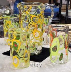 1990s, Artist Signed Hand Blown, 5 piece lemonade set, Pitcher and Four Glasses