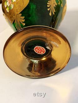 24 KT Gold Painted Murano Green Glass Decanter and Six Chalices midcentury