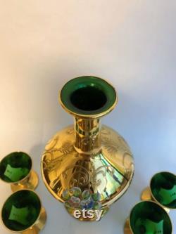 24 KT Gold Painted Murano Green Glass Decanter and Six Chalices midcentury
