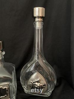 25 OFF Rare 1970s Vintage Studio Silversmiths Set of Decanters with Silver Plated Stoppers and Raised Medallion Grapes