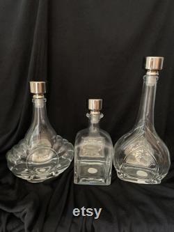 25 OFF Rare 1970s Vintage Studio Silversmiths Set of Decanters with Silver Plated Stoppers and Raised Medallion Grapes