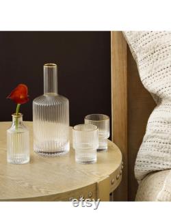 4 Piece Elegant Glass Bedside Water Carafe and Glass Set with Gold Trim and Bonus Bud Vase for Nightstand. Cute water carafe, water glass