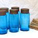 5x Blue Glass Antique French Apothecary Jars With Lids Hand Blown Glass 19th
