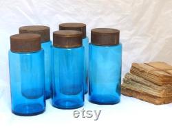 5x Blue glass antique French Apothecary Jars with lids Hand blown Glass 19TH