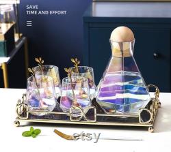 6pcs of Rainbow glass carafe set with a tray and wood lid, Decanter pitcher, Wine, Whiskey, Beer, Geometric, Juice set European
