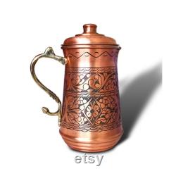 8 Styles Heavy Gauge Handcrafted Tinned Copper Pitcher, Water Jug, Copper Carafe, Decanter, Engraved Pattern, Christmas Gift (57 oz.)