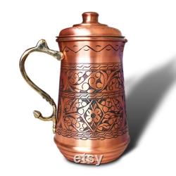 8 Styles Heavy Gauge Handcrafted Tinned Copper Pitcher, Water Jug, Copper Carafe, Decanter, Engraved Pattern, Christmas Gift (57 oz.)