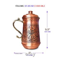 8 Styles Heavy Gauge Handcrafted Tinned Copper Pitcher, Water Jug, Copper Carafe, Decanter, Engraved Pattern, Christmas Gift (57 oz.)