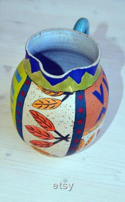 A Naive Painted Pitcher, Hand Painted Ceramic Pitcher, Hand Made Ceramic Jar, READY TO SHIP