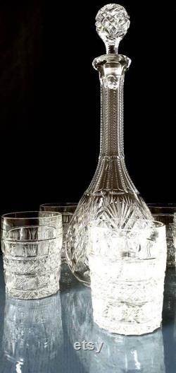 Action Beautiful set of heavy bohemia crystal glass whiskey decanter five whiskey glasses, hand cut