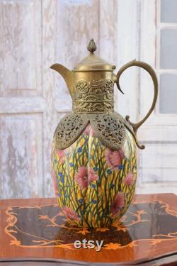 Amazing Porcelain Carafe with Bronze Ornaments Floral Carafe Bottle Art Nouveau Vintage Porcelain Kitchen Decor Elegant Gift Idea