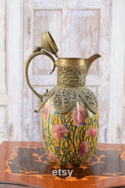 Amazing Porcelain Carafe with Bronze Ornaments Floral Carafe Bottle Art Nouveau Vintage Porcelain Kitchen Decor Elegant Gift Idea