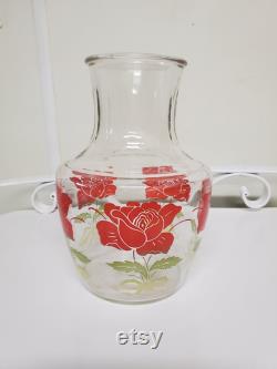Anchor Hocking Red Rose Juice Carafe and 9 Glasses MINT