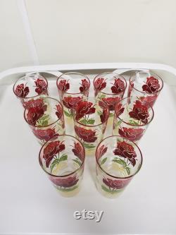 Anchor Hocking Red Rose Juice Carafe and 9 Glasses MINT