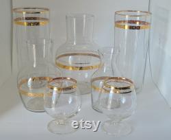 Antique 1920s 7pc Glass with Gold Band Carafe Wine Drink Serving Pitcher Set