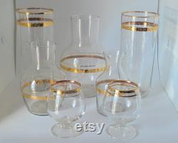 Antique 1920s 7pc Glass with Gold Band Carafe Wine Drink Serving Pitcher Set