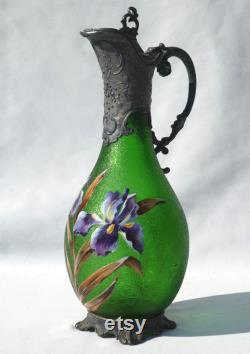 Antique 19th Carafe Ewer In Enamelled Glass In Art Nouveau Style Decor By Iris Legras Late Nineteenth Montjoye
