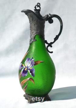 Antique 19th Carafe Ewer In Enamelled Glass In Art Nouveau Style Decor By Iris Legras Late Nineteenth Montjoye