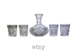 Antique American Brilliant Period Cut Crystal Carafe and Tumblers Set- 5 Pieces