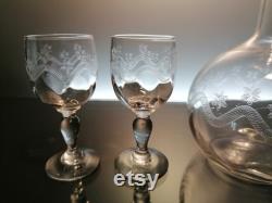 Antique Baccarat carafe with 4 Port glasses Ballon