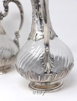 Antique French Aiguières Sterling Silver and Spiraled Glass Claret Jug, Wine Decanter, Rococo Style, Pair of Louis XV Style Silver Carafe