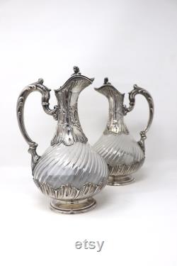 Antique French Aiguières Sterling Silver and Spiraled Glass Claret Jug, Wine Decanter, Rococo Style, Pair of Louis XV Style Silver Carafe