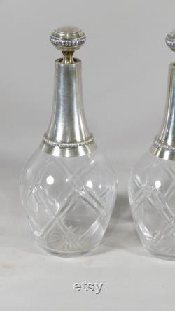 Antique French Napoleon III 20th Pair Of Carafes In Cut Crystal And Sterling Silver by Goldsmith Gaston Bardiès, Circa 1900