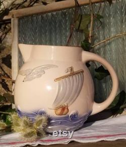 Antique French Sarreguemines Digoin Delicate Pink Majolica Jug Sea And Boat Barbotine. Nautical Theme Carafe in Relief Detail. Seaside Home
