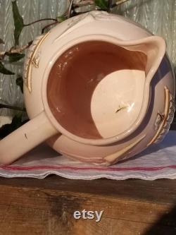 Antique French Sarreguemines Digoin Delicate Pink Majolica Jug Sea And Boat Barbotine. Nautical Theme Carafe in Relief Detail. Seaside Home