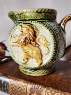 Antique French Small Pitcher By Frie Onnaing Majolica Lion In Relief, circa 1900