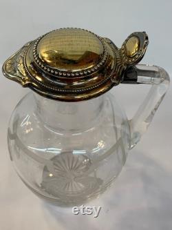 Antique French Wine Carafe Pichet by Risler and Vachette of France with a Gilt Sterling Lid and Hand Etched Glass, Hallmarked, circa 1870
