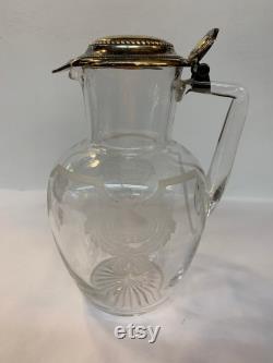 Antique French Wine Carafe Pichet by Risler and Vachette of France with a Gilt Sterling Lid and Hand Etched Glass, Hallmarked, circa 1870