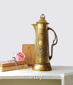 Antique German Art Nouveau Jug , Embossed Brass Claret Jug , Ornate Art Nouveau Brass Water Pitcher , Brass Large Footed Jug