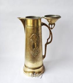 Antique German Art Nouveau Jug , Embossed Brass Claret Jug , Ornate Art Nouveau Brass Water Pitcher , Brass Large Footed Jug