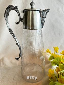 Antique Silver Claret Jug Cut Glass Mappin and Webb Floral Cut Glass Decanter Silver Plate Water Jug Vintage Carafe Silverplated