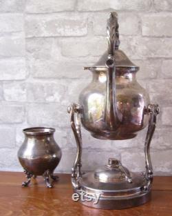 Antique Silver on Copper Coffee or Teapot With Stand and Sugar Bowl- Very Heavy Crown Symbol