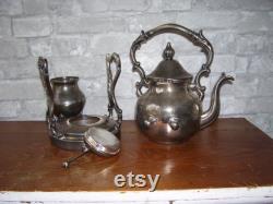 Antique Silver on Copper Coffee or Teapot With Stand and Sugar Bowl- Very Heavy Crown Symbol