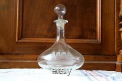 Antique Wine Glass Decanter with Stopper, Vintage Water Glass Decanter, Wine Decanter Engraved Boat Decoration, Glass Carafe Ship Design
