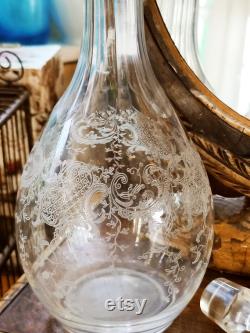 Antique french engraved carafe with stopper, rocaille pattern, 1900s