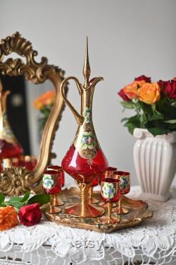 Antique service of liqueur 6 glass 1 carafe tray, Murano gold and red with Molded Flowers, Made in Italy, antique liqueur glassware.