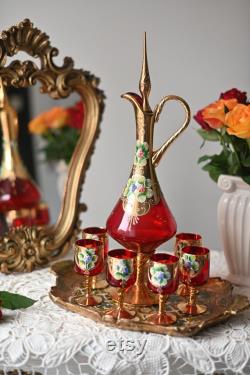 Antique service of liqueur 6 glass 1 carafe tray, Murano gold and red with Molded Flowers, Made in Italy, antique liqueur glassware.