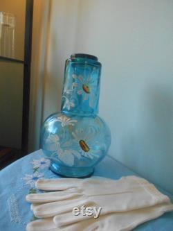 Aqua Blue Glass Tumble Up Set, Hand Painted Tumble Up Glass Decanter and Tumbler Glass