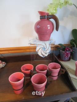 Arcadia, made in USA, E29 Vintage Mauve Coffee Urn Water Jug Carafe with 5 Matching Cups