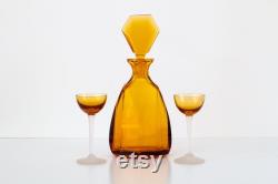 Art Deco Amber Glass Decanter With Two Footed Glasses Tête-à-Tête decanting set Vintage Bohemian Glass Josef Riedel