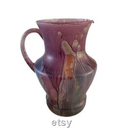 Art Nouveau Hand blown multi color Pitcher Vintage Frosted Glass Jug Pitcher and Glasses Vintage cocktail Bar set Translucent purple Pitcher