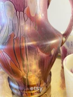 Art Nouveau Hand blown multi color Pitcher Vintage Frosted Glass Jug Pitcher and Glasses Vintage cocktail Bar set Translucent purple Pitcher